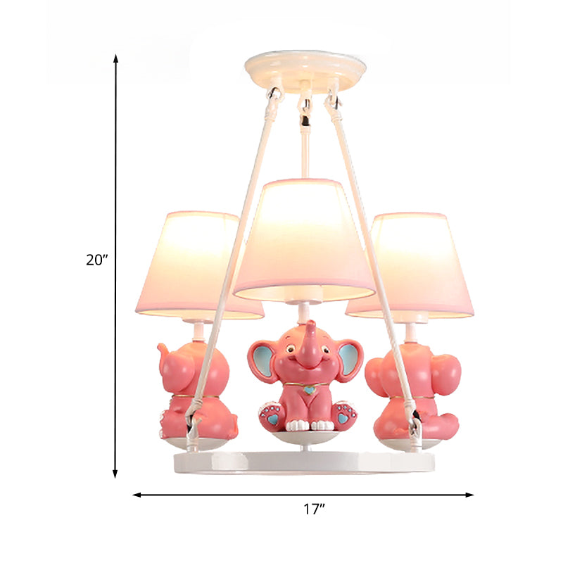 Resin Elephant Chandelier Light Fixture Kids 3 Heads Pink Pendant Lamp with Conical Fabric Shade
