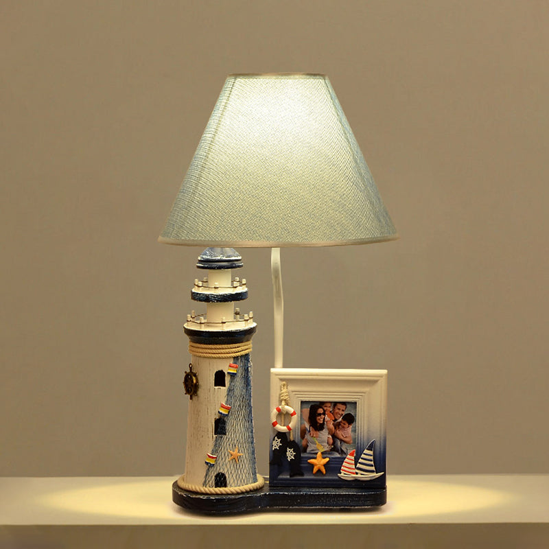 Lámpara de madera de faro Niños 1 bombilla Luz de mesa azul con sombra de tela y marco de fotos