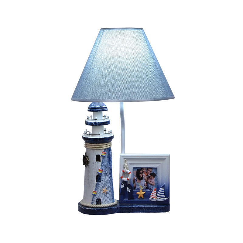 Lámpara de madera de faro Niños 1 bombilla Luz de mesa azul con sombra de tela y marco de fotos