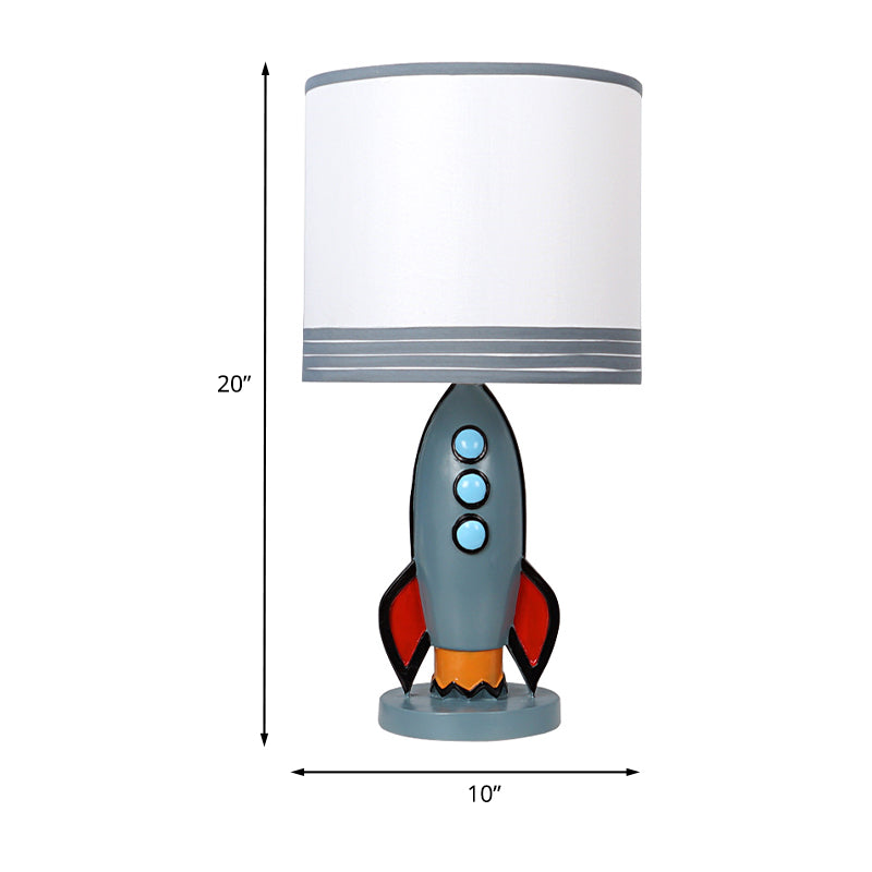 Blue Rocket Nightstand Lighting Kids Resin Night Table Light with Drum Fabric Shade for Nursery