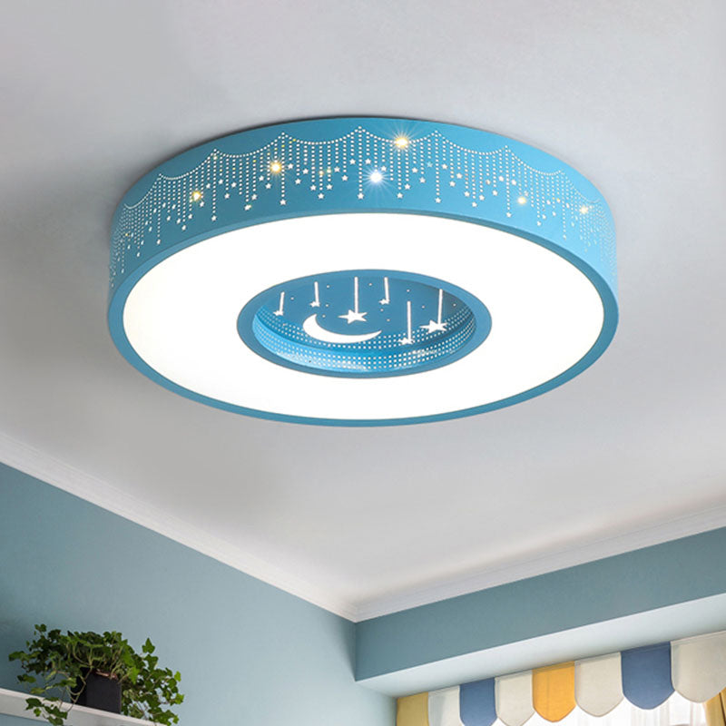 Metal Circular Flush Ceiling Light Kids LED Flush Mount Recessed Lighting with Moon and Star Pattern in Pink/Blue, 16"/19.5" W