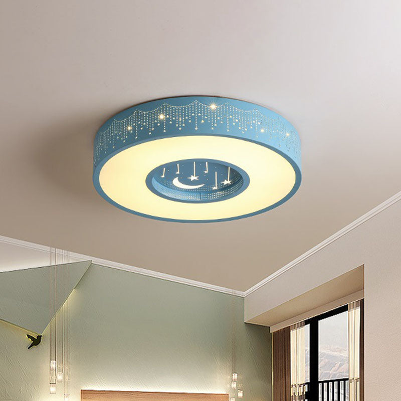 Metal Circular Flush Ceiling Light Kids LED Flush Mount Recessed Lighting with Moon and Star Pattern in Pink/Blue, 16"/19.5" W