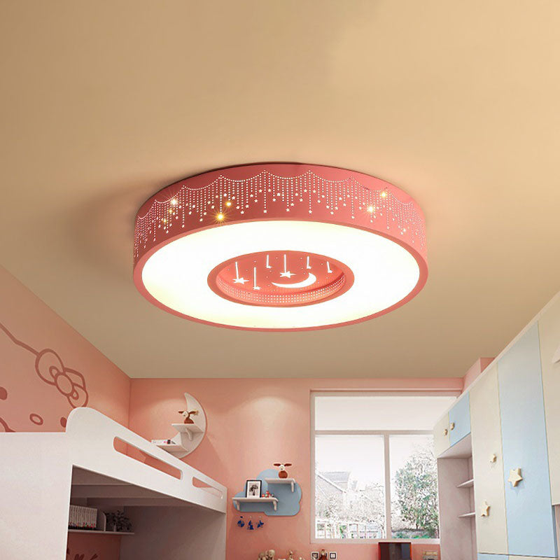 Metal Circular Flush Ceiling Light Kids LED Flush Mount Recessed Lighting with Moon and Star Pattern in Pink/Blue, 16"/19.5" W