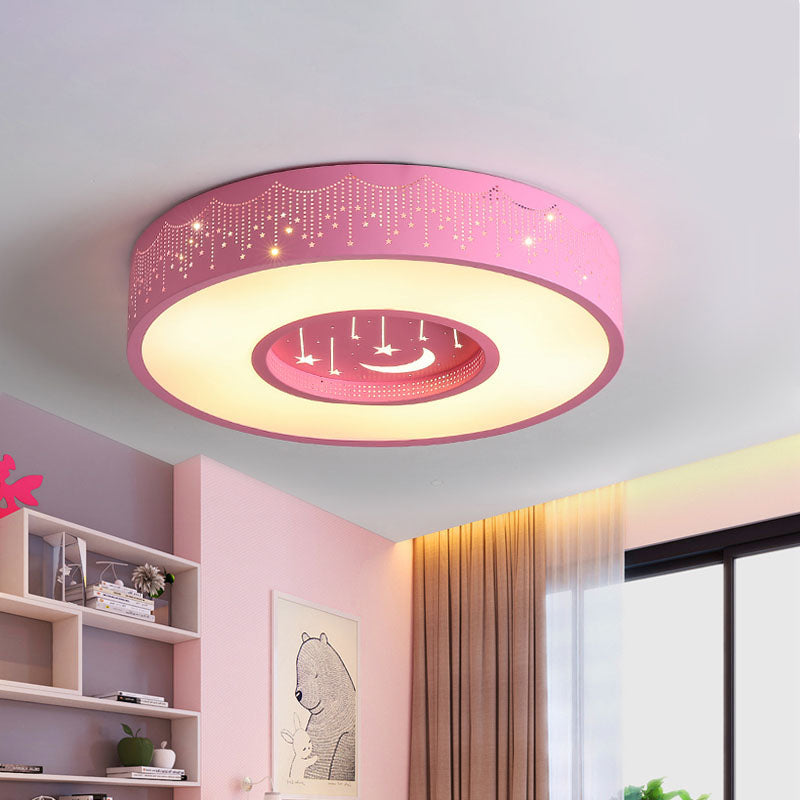 Metal Circular Flush Ceiling Light Kids LED Flush Mount Recessed Lighting with Moon and Star Pattern in Pink/Blue, 16"/19.5" W
