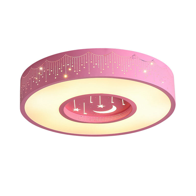 Metal Circular Flush Ceiling Light Kids LED Flush Mount Recessed Lighting with Moon and Star Pattern in Pink/Blue, 16"/19.5" W