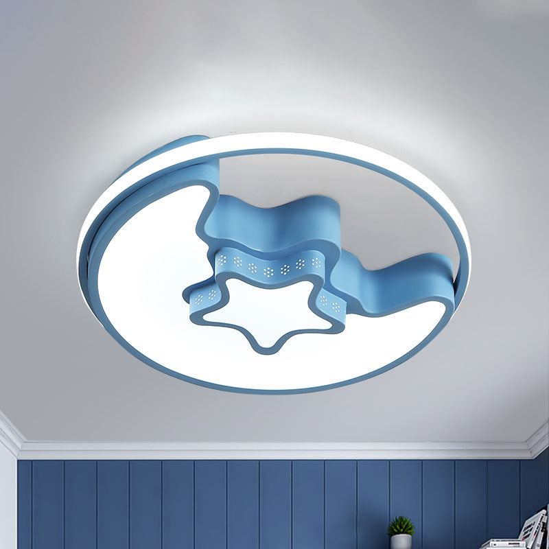 Nordic LED Ceiling Fixture White/Pink/Blue Moon and Star Flush Mount Spotlight with Acrylic Shade in White/3 Color Light