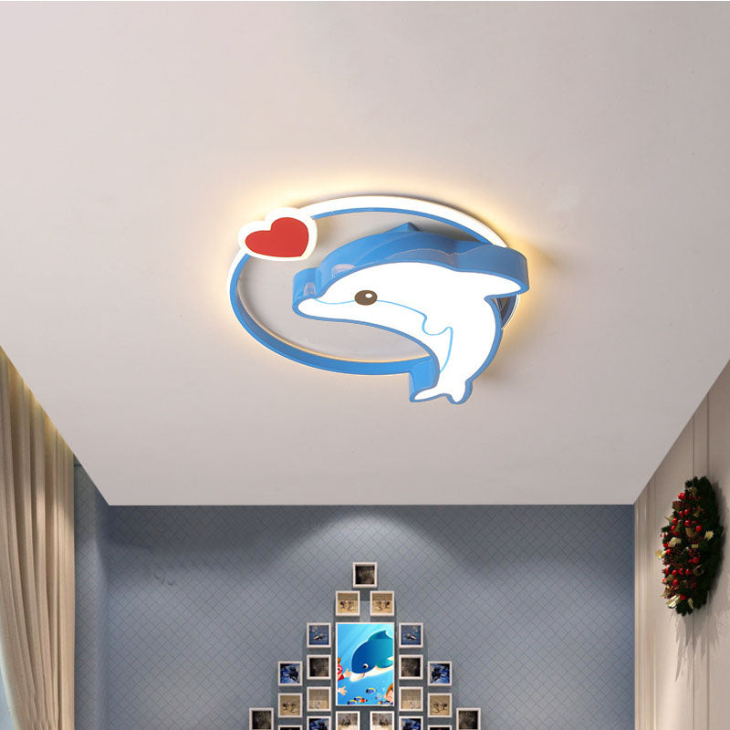 LED Nursery Ceiling Lamp Kids Blue Flush Mount Lighting Fixture with Dolphin Acrylic Shade, 16"/19.5" Width