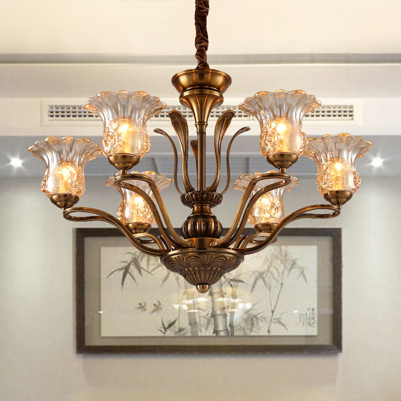Pendre en verre transparent à fleur Chandelier rural 3/6/8 têtes salon suspendu plafonnier plafonnier en laiton avec conception ramifiée