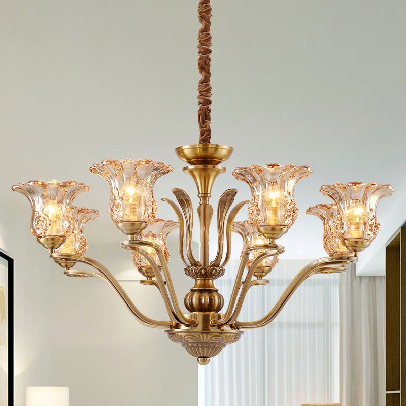 Pendre en verre transparent à fleur Chandelier rural 3/6/8 têtes salon suspendu plafonnier plafonnier en laiton avec conception ramifiée