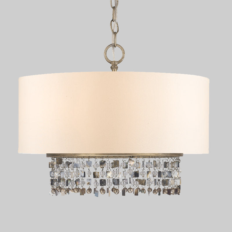 Stof witte afwerking plafond kroonluchter trommelschaduw 5-lichte platteland hanglamp met kristallen druppel met kristallen druppel