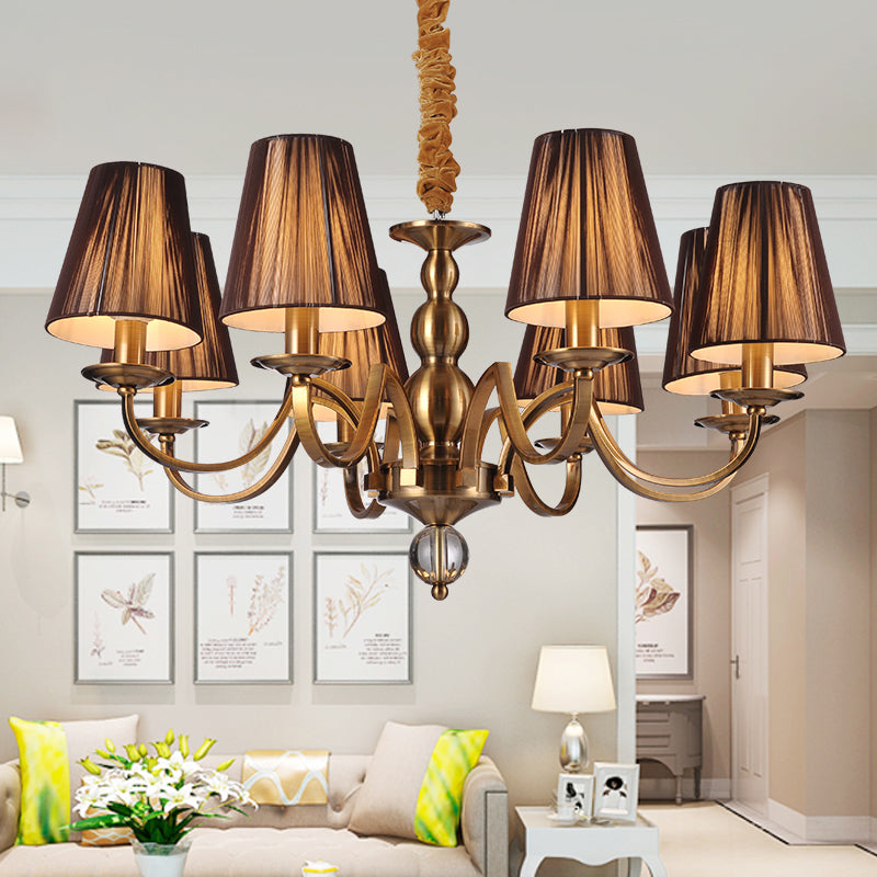 6/8-bulb Conische kroonluchter verlichtingsarmatuur traditionele goudstof hanger lamp met helder kristalaccent