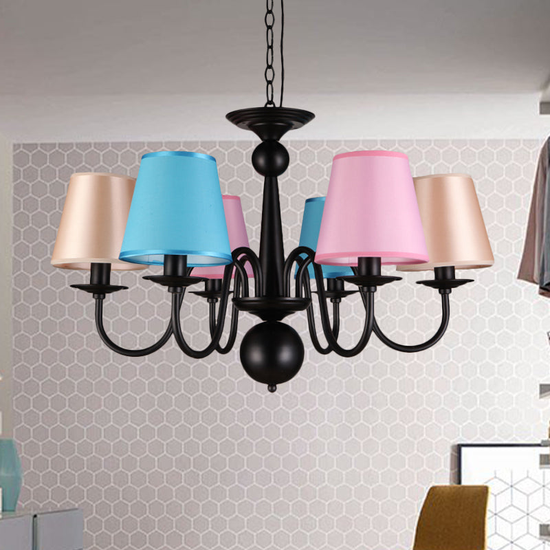 Kegel restaurant plafond kroonluchter traditionele stof 6 lichten zwarte afwerking hangend licht licht met metalen gebogen arm