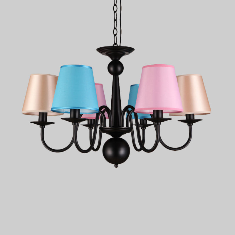Kegel restaurant plafond kroonluchter traditionele stof 6 lichten zwarte afwerking hangend licht licht met metalen gebogen arm