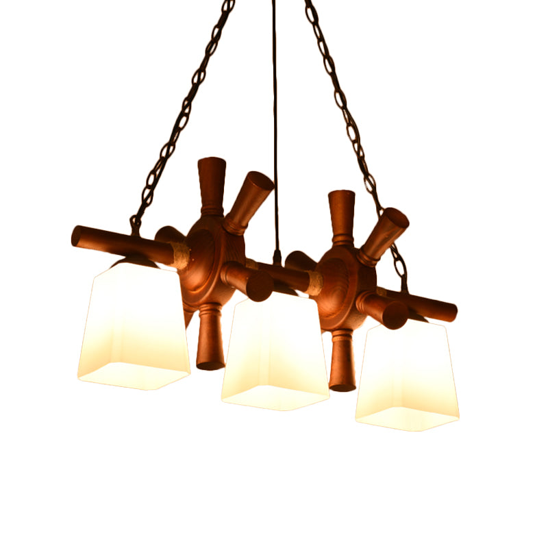 White Glass Brown Island Pendant Light Trapezoid 3 Bulbs Countryside Ceiling Lamp with Wooden Rudder Deco