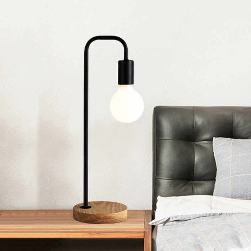 Industrial Bulb Shaped Night Light 1 Head Iron Table Lamp in Black with Wooden Base for Bedroom