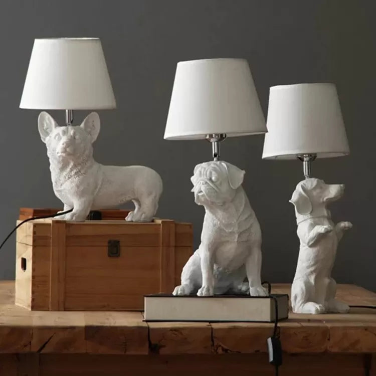 Table d'étude de chien Lumière avec tissu de la teinte en résine unique lampe de table moderne en blanc