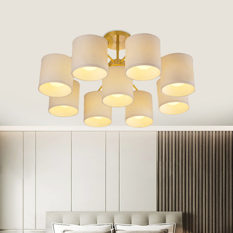 Gold 9 Lights Semi Mount Lighting Colonialist Fabric Cylinder Metal Ceiling Light Fixture for Living Room