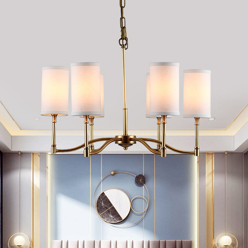 Gold Tubular Pendant Chandelier Colonial Style Fabric 6/9-Bulb Down Lighting with Twisted Arm for Living Room