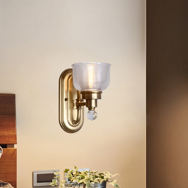 Clear Ribbed Glass Gold Wall Lamp Domed 1-Bulb Colonialism Wall Light with Clear Crystal Ball