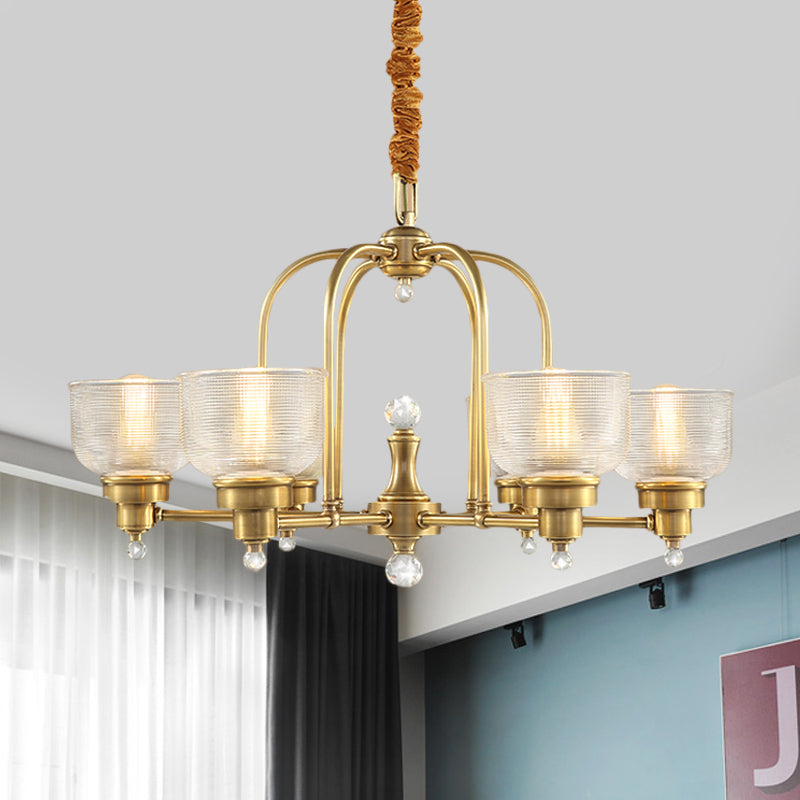 Prismatic Glass Gold Hanging Chandelier Bowl Shade 4/6-Light Colonialist Metal Suspension Pendant Light for Kitchen