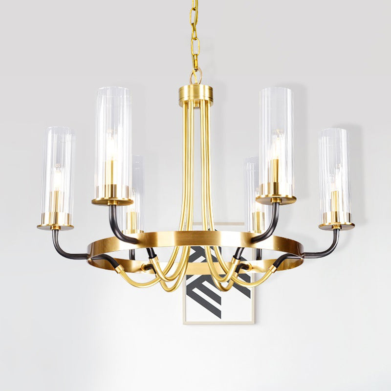 Clear Glass Tubular Ceiling Chandelier Colonial Style 6/8 Heads Bedroom Pendant Lighting Fixture in Black/Gold with Metal Ring Design