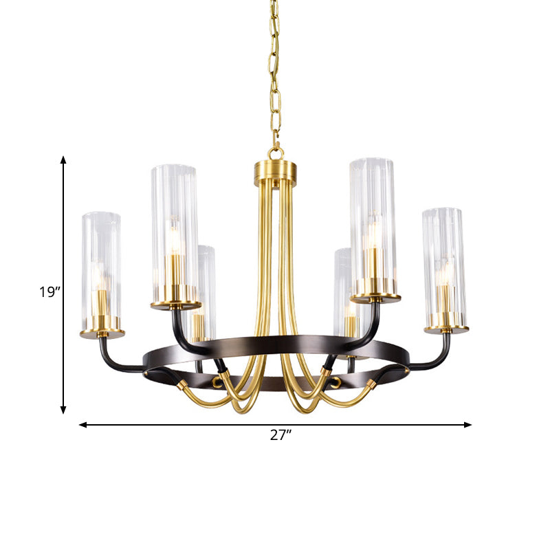 Clear Glass Tubular Ceiling Chandelier Colonial Style 6/8 Heads Bedroom Pendant Lighting Fixture in Black/Gold with Metal Ring Design