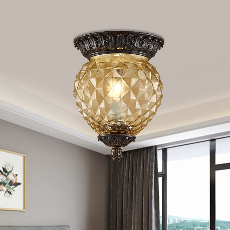 8"/12.5" W Prismatic Glass Black Flush Mount Lamp Urn-Shaped/Teardrop 2-Head Countryside Ceiling Mounted Fixture
