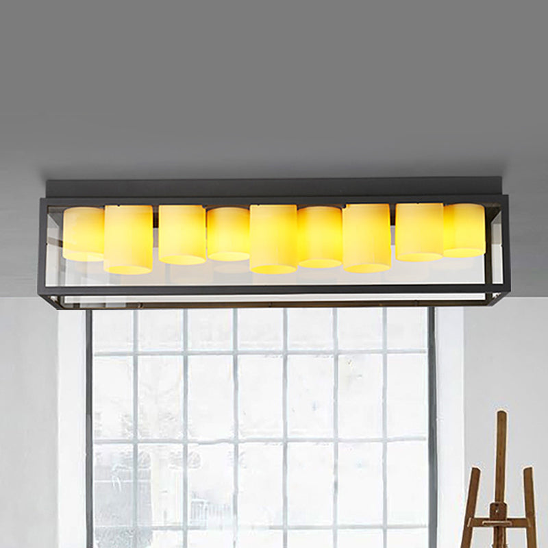 Country Rectangle Flush Light Fixture 9 Bulbs Clear Glass Ceiling Lighting with Inner Beige Marble Shade