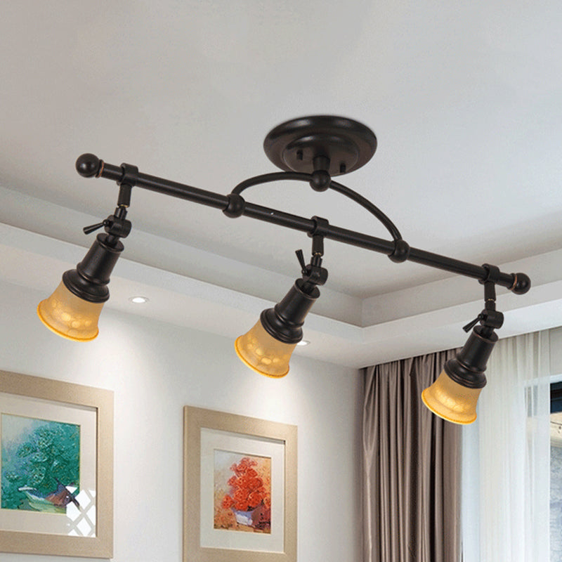 1/3-Head Frosted Glass Semi Flush Traditional Black Finish Black Bell Corridor Adjustable Metallic Ceiling Light
