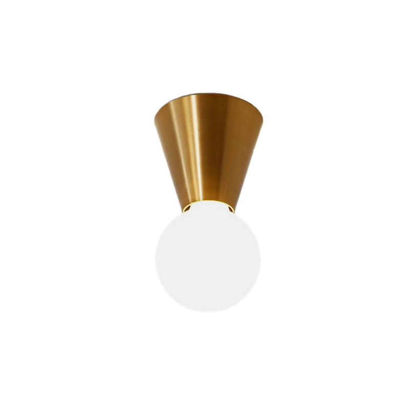 Small Cone Corridor Ceiling Flush Metal Single Minimalist Flush Mounted Lamp in Brass with Bottom Orb Glass Shade