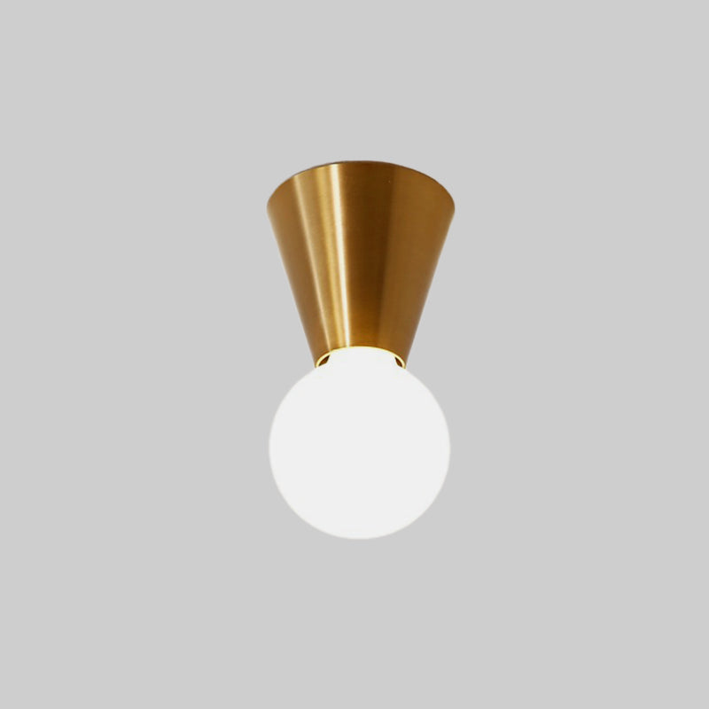 Small Cone Corridor Ceiling Flush Metal Single Minimalist Flush Mounted Lamp in Brass with Bottom Orb Glass Shade