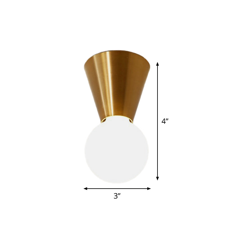 Small Cone Corridor Ceiling Flush Metal Single Minimalist Flush Mounted Lamp in Brass with Bottom Orb Glass Shade