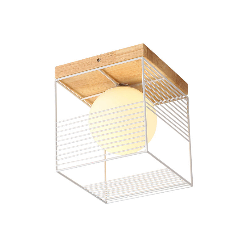 Lámpara de techo pequeña de jaula cúbica en blanco y negro, lámpara empotrada de hierro nórdica de 1 cabezal con pantalla de cristal de bola interior y dosel de madera