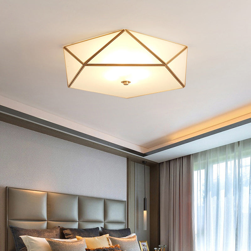 Beveled Box Hotel Flush Mount Frosted White Glass Single Post-Modern Ceiling Light in Gold, 14"/18" Width