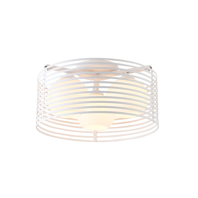 Luz de techo empotrada contemporánea de 3 cabezales con cúpula de vidrio abierta y jaula de tambor en blanco y negro