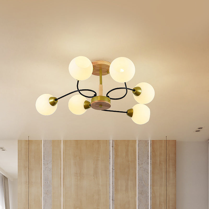 Ball Frosted Weiß Glas Deckenlampe Modernism 6 Lights Gold Semi Flush Mount Chandelier mit Winding Arm