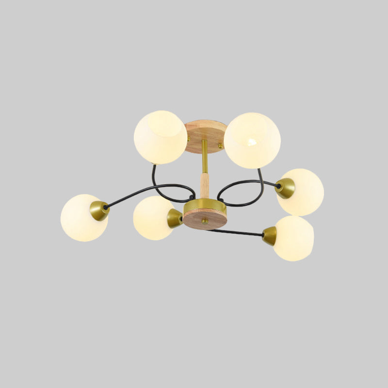Ball Frosted Weiß Glas Deckenlampe Modernism 6 Lights Gold Semi Flush Mount Chandelier mit Winding Arm