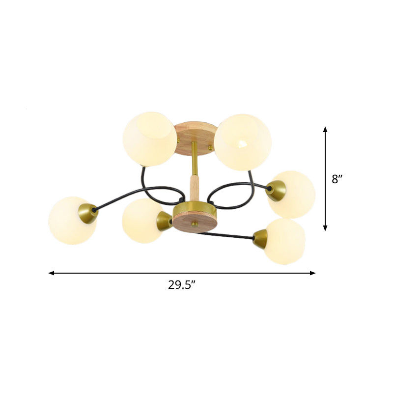 Ball Frosted Weiß Glas Deckenlampe Modernism 6 Lights Gold Semi Flush Mount Chandelier mit Winding Arm