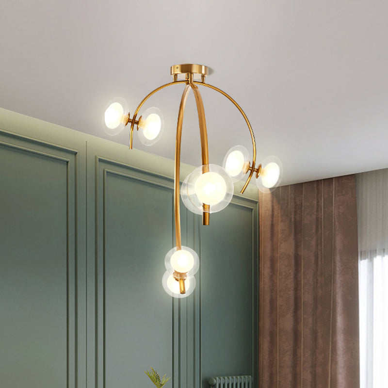 Vintage Dual Orb Shade Semi Flush transparant glas 6 lampen eettafel spoeling Mount kroonluchter met gouden takje ontwerp