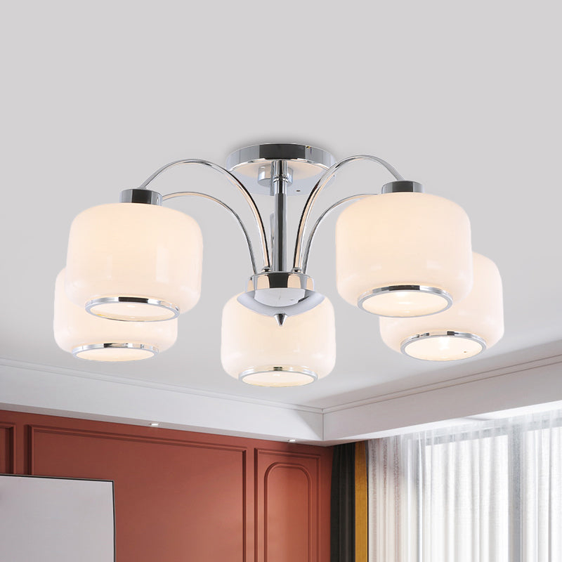 Chrome Arched Semi Flush Light Modern Style 5 Heads Metal Ceiling Mounted Lamp with Drum Opal Glass Shade