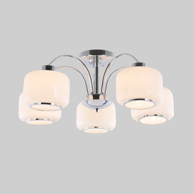 Chrome Arched Semi Flush Light Modern Style 5 Heads Metal Ceiling Mounted Lamp with Drum Opal Glass Shade
