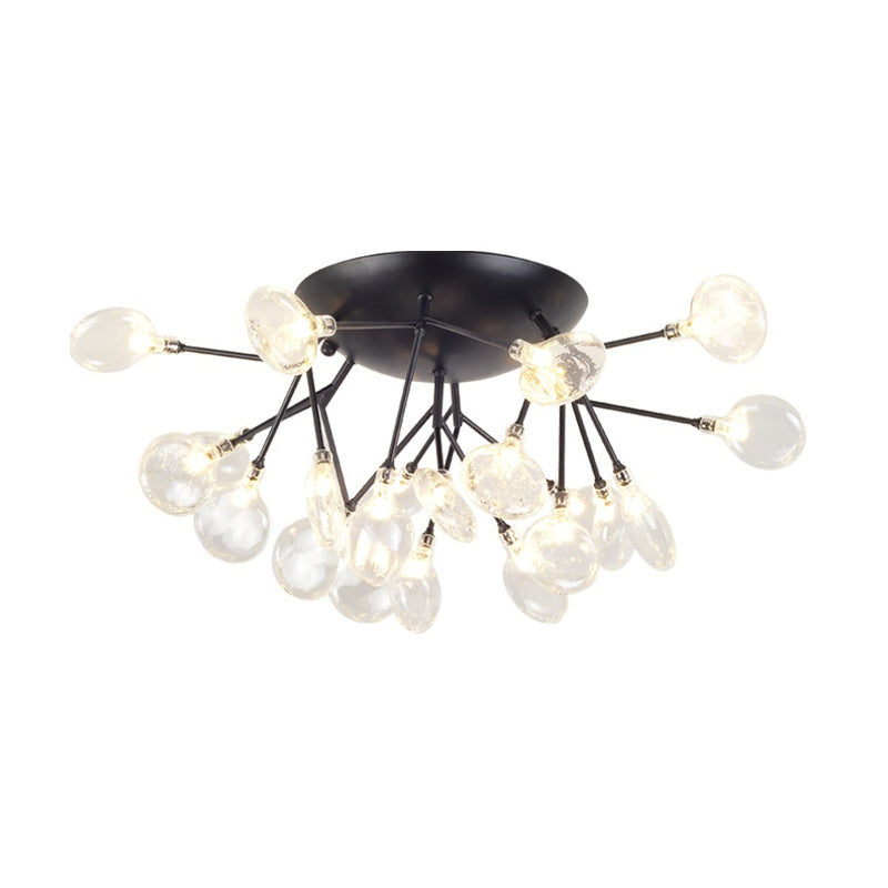 Clear Glass Branchlet LED Ceiling Flush Modern 21 Bulbs Black Semi Flush Mount Chandelier in Warm/White Light