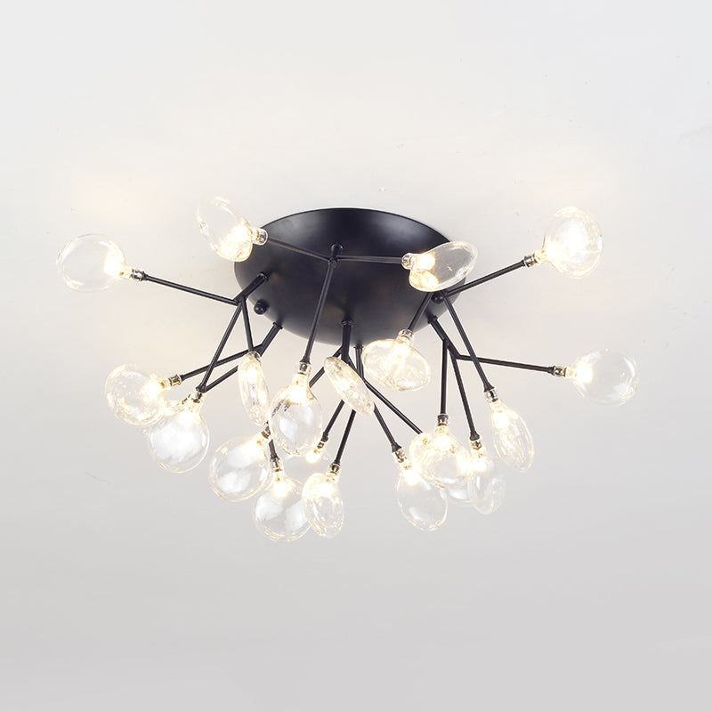 Clear Glass Branchlet LED Ceiling Flush Modern 21 Bulbs Black Semi Flush Mount Chandelier in Warm/White Light