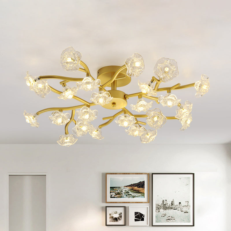 Black/Gold Flower Branch Flush Chandelier Modernist 24-Bulb Transparent Glass Semi Flush Mount Ceiling Light