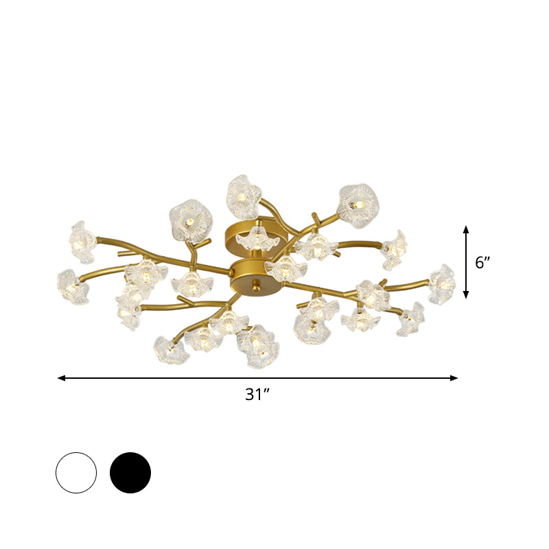 Black/Gold Flower Branch Flush Chandelier Modernist 24-Bulb Transparent Glass Semi Flush Mount Ceiling Light