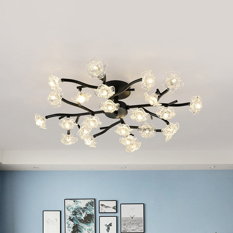 Black/Gold Flower Branch Flush Chandelier Modernist 24-Bulb Transparent Glass Semi Flush Mount Ceiling Light