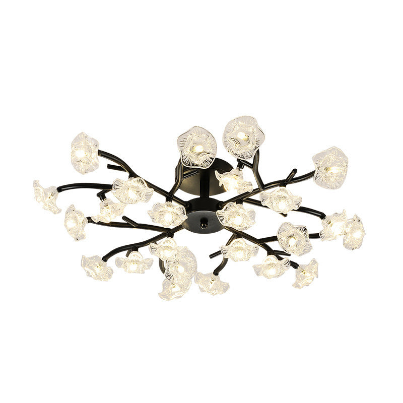 Lustre encastré à branches de fleurs noir/or, plafonnier semi-encastré moderniste en verre transparent à 24 ampoules