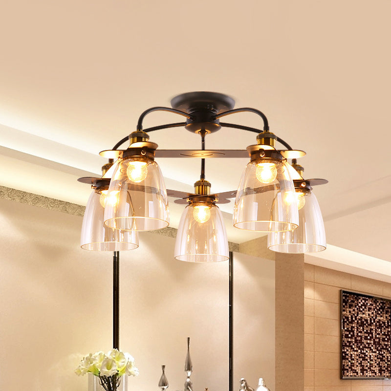Dome Shade Restaurant Semi Flush Cognac Glass 5 Bulbs Mid Century Style Ceiling Mount Chandelier in Black