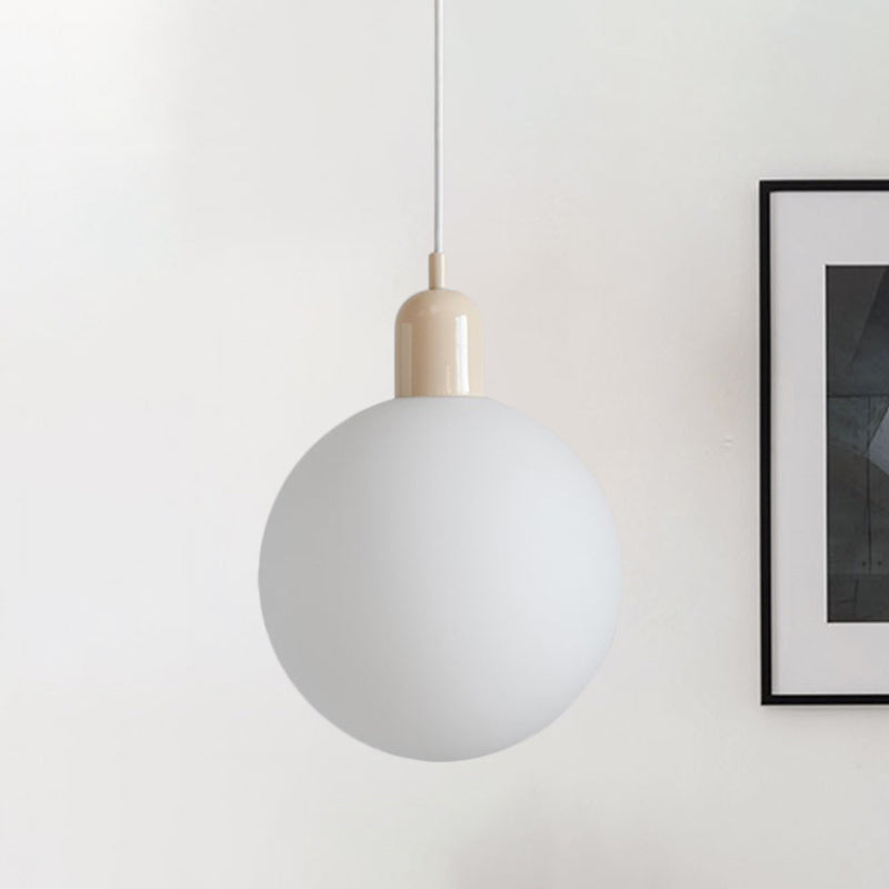 Simple Spherical Opal Glass Drop Pendant 1-Light Hanging Ceiling Light with Red/White/Green Cap