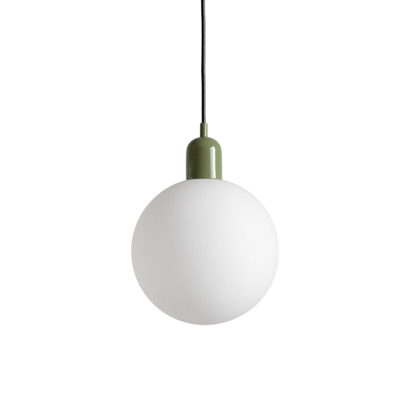 Simple Spherical Opal Glass Drop Pendant 1-Light Hanging Ceiling Light with Red/White/Green Cap